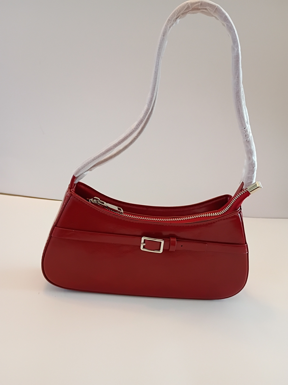 Red Patent Shoulder Bag with Buckle Strap